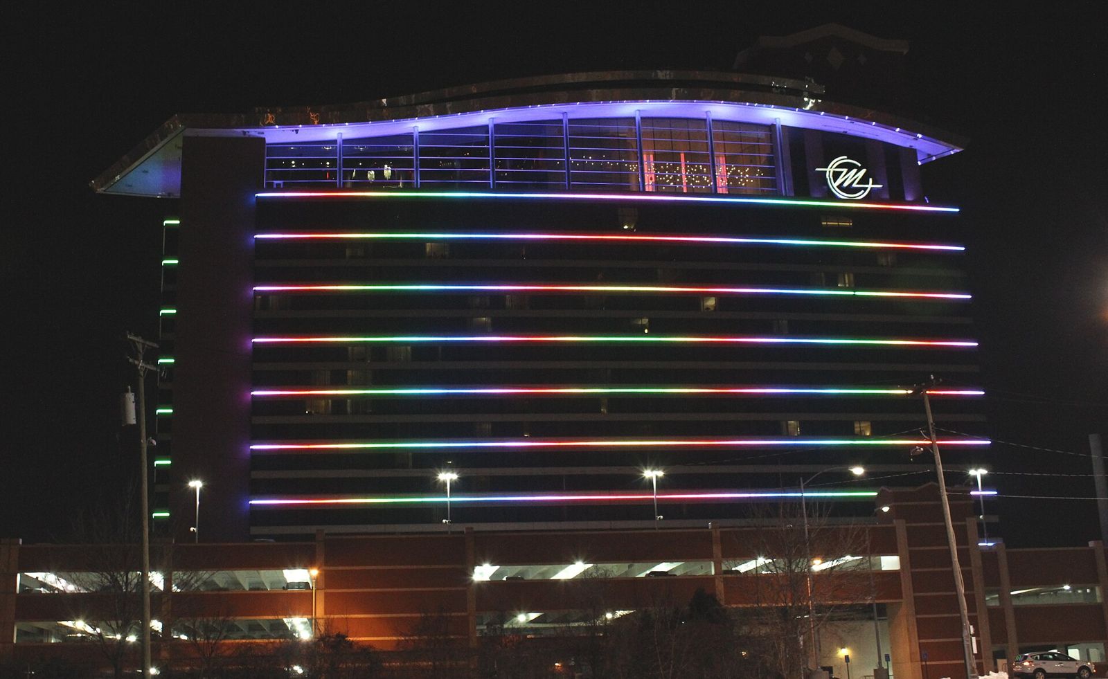 MotorCity Casino Hotel tower lit up at night, Detroit